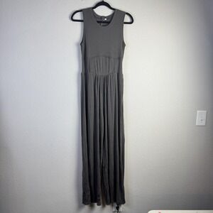 Gray Sleeveless Jumpsuit Womens Large Wide Leg Pockets Ribbed Polyester Zip Back